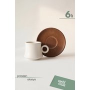Varbifırsat Set of 6 Porcelain Cups with Natural Acacia Toned Plates | Premium Coffee Presentation Set